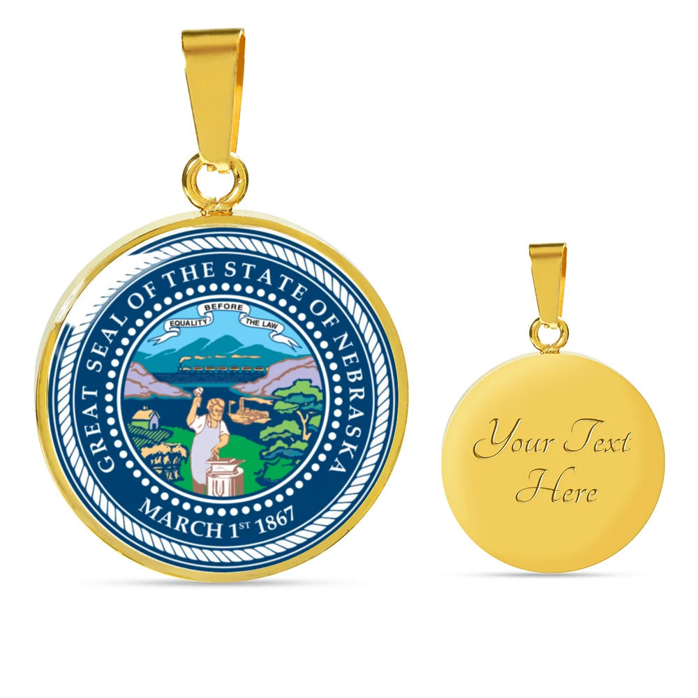 Nebraska State Seal Personalized Engraved Gold Circle Necklace Custom Name Date